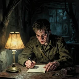 horror comics style by bernie wrightson, real life full portrait art by beksinski, artgerm ; matt damon as an american world war 2 sergeant delirious while writing letter creepy table lamp, all alone at night, haunted cabin, year 1 9 4 2, scary, 8 k hdr, creepy intricate dramatic lighting, insanely detailed