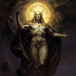 the enigma god with a golden halo with forbidden knowledge by frank frazzetta