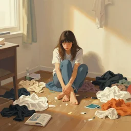 girl with a messy room, clothes everywhere on the floor, digital painting