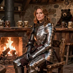 kate beckinsale weared in full plate armor, sit in fantasy tavern near fireplace, behind bar deck with bear mugs, medieval dnd, by Gerald Brom