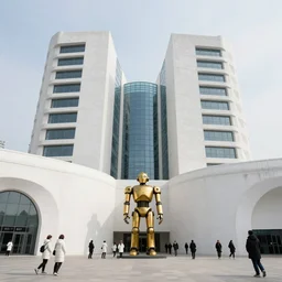 well detailed city  fortress with high white building with organic curves of concrete and glass sheild people wearing whith coats in a square with a gold statue of an old robot in the middle