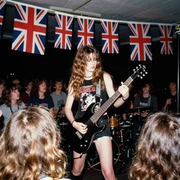 1 9 - year - old girl in a traditional doom metal band, new wave of british heavy metal, live in concert, live 1 9 8 6, united kingdom flags, union jack, playing electric guitar, headbanging crowd of longhairs, audience of longhairs, super 8 mm, grainy photo, colorized