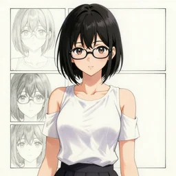 full upper-body portrait of a beautiful anime girl with short black hair and glasses, attractive character, colored sketch anime manga panel, trending on Pixiv