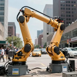 industrial robot arm rampaging through the streets of detroit, 4K photo