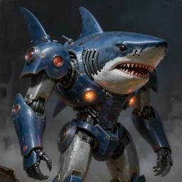 a dark and colorful close - up of a sci - fi mecha shark robot with led lights glowing fog in the background. highly detailed science fiction painting by norman rockwell, frank frazetta, and syd mead. rich colors, high contrast, gloomy atmosphere, dark background. trending on artstation