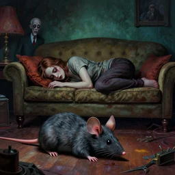 cinematic colorful horror artwork by artgerm, beksinski, lovecraft, mark brooks ; ugly furry mouse on living room floor. full portrait of young woman dove cameron sleeping on couch on her stomach ; scary, 8 k hdr, creepy intricate ; volumetric dramatic lighting, detailed, haunting