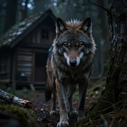 hyper realistic werewolf hidden in the dark. higly detailed. background is a deep dark cabin in the woods. unreal engine 5