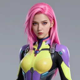 a highly detailed portrait of a futuristic female assassin, neon colored suit, pink hair, beautiful detail and color, art by john collier and albert aublet and krenz cushart and artem demura and alphonse mucha, volumetric lighting, octane render, 4 k resolution, matte, sharp focus, illustration, art by jacque - louis david, baroque style