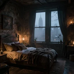 cozy rustic bedroom that is dimly lit with a night view of new york in heavy mist, gothic punk style, highly detailed, artstation, concept art