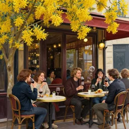 happy people drink wine outside a a parisian cafe. there are bubbles in the air and a golden laburnum tree in bloom is in the foreground and it is a sunny afternoon, painted by caravaggio
