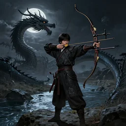korean archer shooting a dragon. the moon is in the sky. there is a river. dark fantasy. high resolution. detailed. digital art. dark fantasy. kentaro miura.