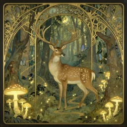 deer in an enchanted forest, intricate design, elegant, magical, art nouveau, environment art, film still, glowing mushrooms, trails, art by art by artgerm and greg rutkowski and ruan jia and peter polach