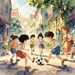 a wholesome animation key shot of chidren kicking a ball in the street, studio ghibli, pixar and disney animation, sharp, disney concept art watercolor illustration by mandy jurgens and alphonse mucha and alena aenami, pastel color palette, dramatic lighting