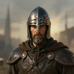portrait of an unshaven middle - aged man wearing a kettle hat helmet, medieval, fantasy, medium shot, fantasy art, concept art, character design, digital art, illustration, sharp focus, by wlop