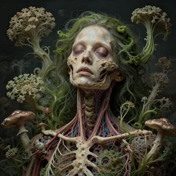 beautiful and detailed rotten woman corpse becoming almost a skull with face muscles, veins, arteries, fractal plants and fractal flowers and mushrooms growing around, intricate, ornate, surreal, ray caesar, john constable, guy denning, dan hillier