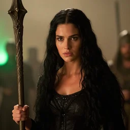 epic photo of young demi moore as beautiful medieval sorceress with very long black hair, battle scene, holding her wizard staff, sweaty, neutral expression, perfect likeness, rim light, low contrast, soft light, shallow depth of field, photorealistic, cinematic lighting, lovely bokeh, warm colours, dusk, movie quality, green glow from the left, excalibur 1 9 8 5, movie still, cinemascope