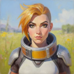 oil painting of tracer overwatch in a field wearing very large belt collar around neck, in style of mark arian, expressive face, very detailed face, very detailed eyes, full body, feminine face, detailed makeup on eyes, tracer overwatch,