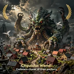 Cthulhu destroying village, detailed, 35mm, horror, dark fantasy
