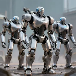 humanoid robots, heavily armored, preparing to fight, photorealistic