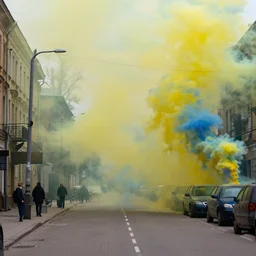 kiev city streets covered in yellow and blue smoke, by jeremy mann, by kim keever