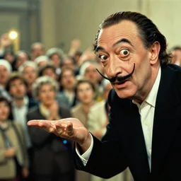 the teasing salvador dali in the role of emperor on the foreground | crowd of people on the background | still frame from the prometheus movie by ridley scott and alejandro jodorowsky with cinematogrophy of christopher doyle, anamorphic bokeh and lens flares, 8 k, higly detailed masterpiece