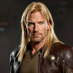 a hyper real comic book style portait painting of captain picard with long blond hair, unreal 5, hyperrealistic, octane render, cosplay, rpg portrait, dynamic lighting