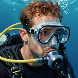 portrait of a male diver with a oxygen mask intricate details mask in side profile by MARVEL comics and Sandra Chevrier