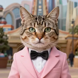 portrait of tabby cat in the style of the movie zootopia wearing a pink tuxedo, 4 k, digital art, award winning
