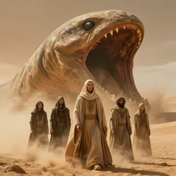 victorian fremen standing below an enormous sand worm with open mouth in dune, cinematic lighting, volumetric dust, epic, realistic, by jodorowsky, cinematography by roger deakins