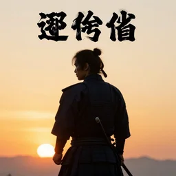 epic movie cover depicting a samourai facing the sunset, cinematic lighting