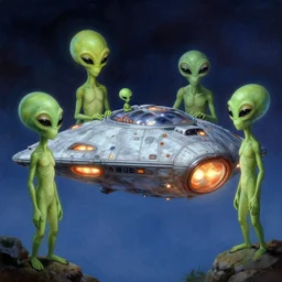 beautiful aliens with there spaceship, 8 k, matte painting, in the style of artist, thomas kinkade