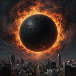 a massive black sphere void in the center of the sky surrounded by swirling firestorm clouds, a cityscape modern, wide perspective, highly detailed digital art, cinematic, dark moody colors, hyper realism, oil on canvas, trending on Artstation, octane render