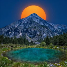 A big and beautiful mountain with a clear pond in front of it and an orange sun behind the mountain, neon, vivid