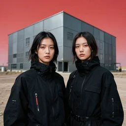 cinestill 5 0 d closeup photographic portrait of two clones in front of a brutalist metal building, techwear women, on a desolate plain, red sky, black oversized clothes, depth of field, 4 k, 8 k, hd, full color