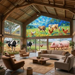 interior view of modern futuristic farm barn architecture and interior design, lounge chairs, sofas, cows, chickens, pigs, wall art, detailed luminescent oil painting 4 k