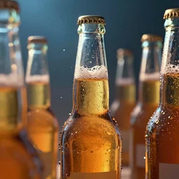 cinematic lighting, octane render, highly detailed, concept art, trending artstation, digital painting, shallow depth of field, illustration, photorealism, epic, gas bubbles in beer bottles, vibrant colors