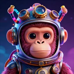 movie poster of a singing cute ape head with a steampunk space helmet with multicolored glowing tubes and cables, crisp, trippy, fluorescent colors, insanely detailed, 3 d render, front shot, 3 5 mm
