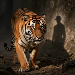 hunting a tiger, an epic fantasy, dramatic lighting, cinematic, establishing shot, extremely high detail, photorealistic, cinematic lighting, artstation, matte painting, by christopher nolan, shadow of the tomb rider