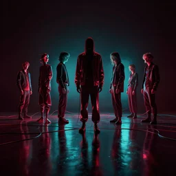 technologic drama, cell shaded, hdr!!, chiaroscuro!!, minimalism!!, hyperrealism!, reflective surface, highly refractive material, maroon highlight, loose wires, cyan light, vibrant!, multiple lights, by gil elvgren and greg rutkowski and ilya kuvshinov and anton fadeev and giger