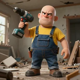 grumpy chunky bald handyman with huge power drill! hand, in a wrecked home, full body, hyperrealistic digital art masterpiece, highly detailed neo pop surrealism, jason limon kay sage hannah yata, dramatic lighting, low angle, uhd 8 k, sharp focus