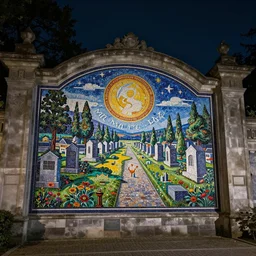 an epic mosaic titled in front of the cemetery gates, moody, sharp, night, exquisite, vibrant colors, ultra wide angle, masterpiece, cinematic, high detail, by karl kopinski, by kim jung ji