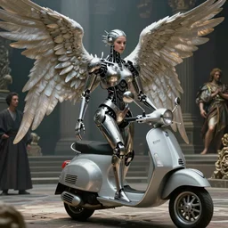 still frame from Prometheus movie by Makoto Aida, biomechanical vespa angel gynoid, metal couture by neri oxmn by Guo pei by giger, editorial by Malczewski and by Caravaggio