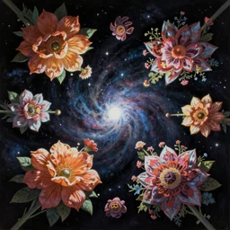 An epic fantastic realism comic book style painting of the most beautiful spinning flowers floating into the dark and starry cosmos, exquisite bouquets, fisheye, a star implodes, unreal 5, DAZ, hyperrealistic, octane render, dynamic lighting