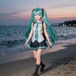 hatsune miku takes a walk on evening beach, photo, f 2,4