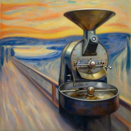 a modern coffee roasting workstudio, oil on canvas, detailed, artwork by edvard munch