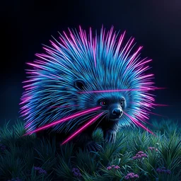 a cyberpunk porcupine with neon quills and fine blue fur with laser eyes, on a grass patch, dramatic light, hyper detailed, ultra sharp, art by caravaggio, greg rutkowski, sachin teng, thomas kindkade, alphonse mucha, norman rockwell, tom bagshaw.
