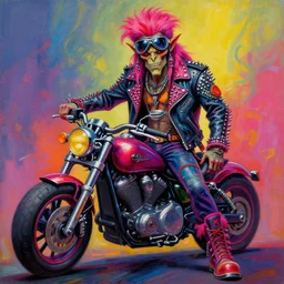 an apocalyptic demonic orcish goblin biker character standing cool dynamic pose, psychedelic vibrant colors, futuristic punk rock fashion, oil painting by michael whelan art, sharp focus, realistic, biker goggles, 8 0 s hair, studded leather jacket, 8 k