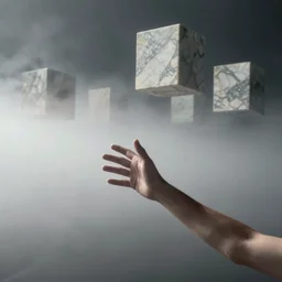 arm reaching out of thick fog, marble blocks levitating in the background, zdzislaw beksinski