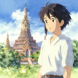 sukhothai in the sunny day, watercolor, sukhothai in background, anime, romantic sky, volumetric lighting, art by makoto shinkai