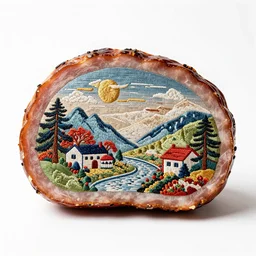 embroidered glazed ham, high detail macro photography, isolated on a pure white background, centered, entire object in frame, sharp focus, soft studio lighting